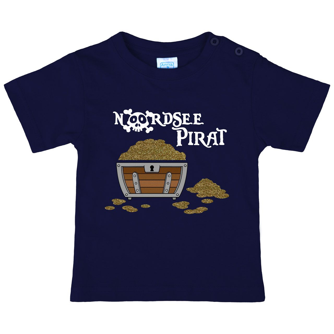 Nordsee Pirat Truhe Gold Glitzer Kinder T-Shirt navy 110 / 116