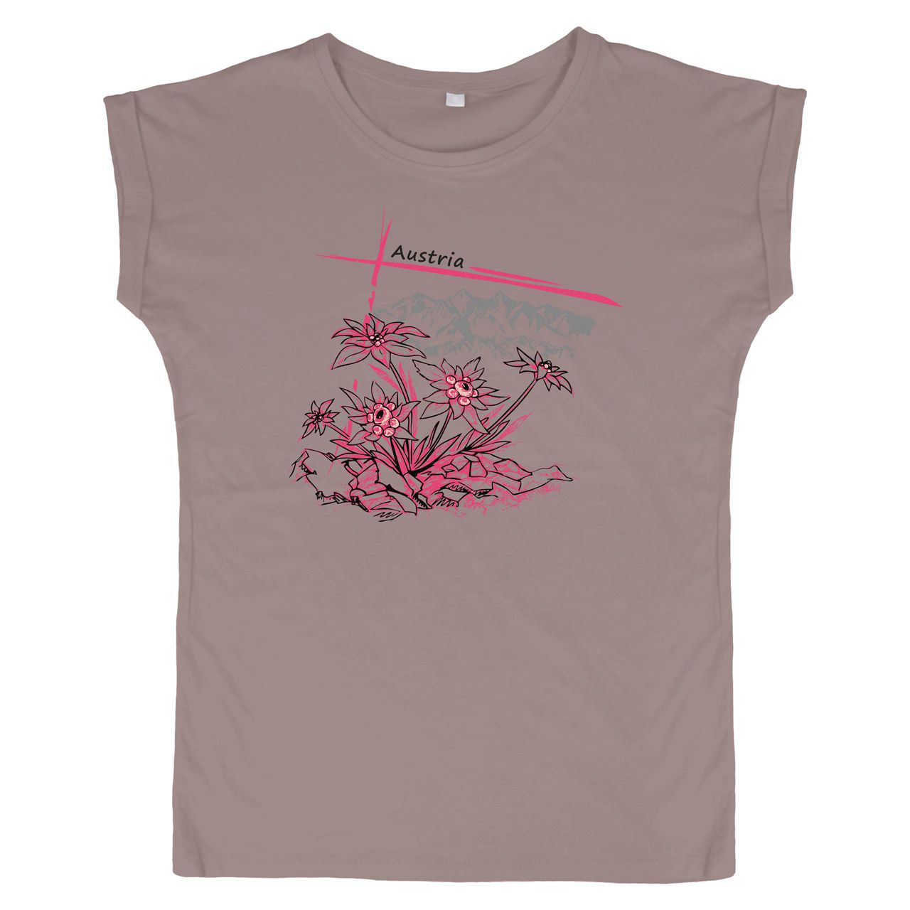 Pinkes Edelweiß mit Berge Austria Woman Weite Schulter T-Shirt altrosa Small