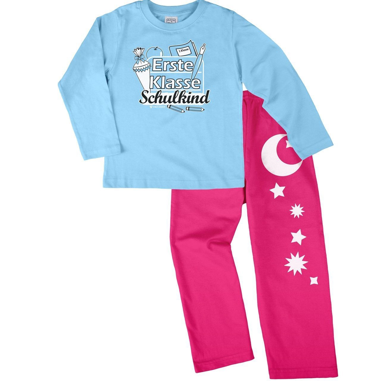 Erste Klasse Schulkind Pyjama Set hellblau / pink 122 / 128