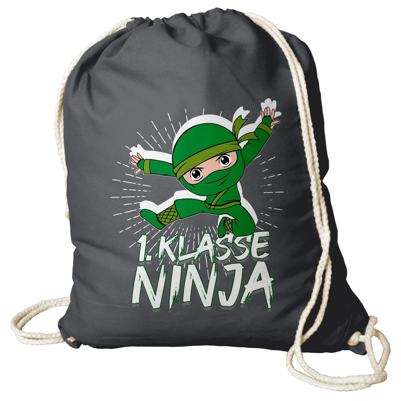 1. Klasse Ninja grün Rucksack Beutel grau