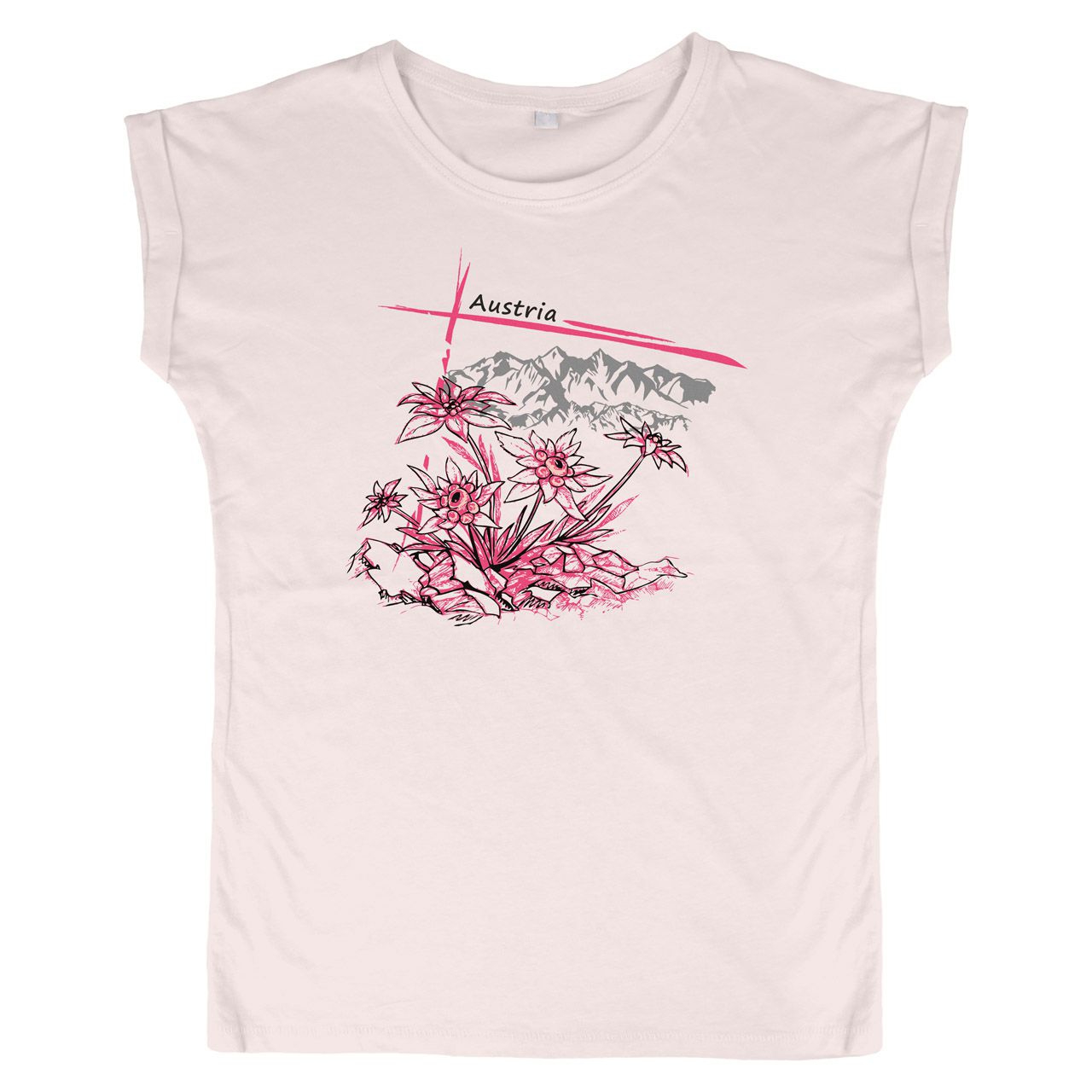 Pinkes Edelweiß mit Berge Austria Woman Weite Schulter T-Shirt rosa Small