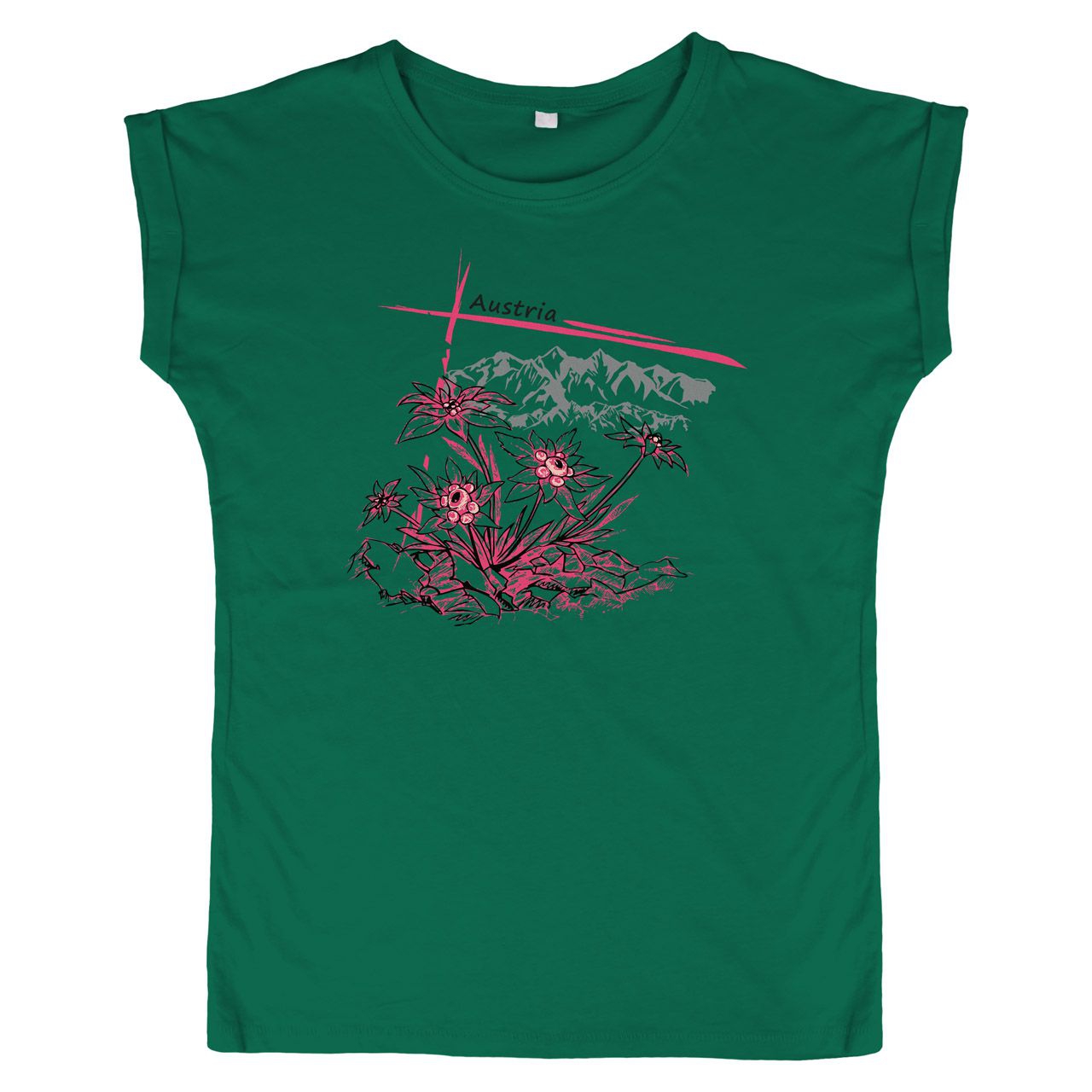 Pinkes Edelweiß mit Berge Austria Woman Weite Schulter T-Shirt dunkelgrün Small