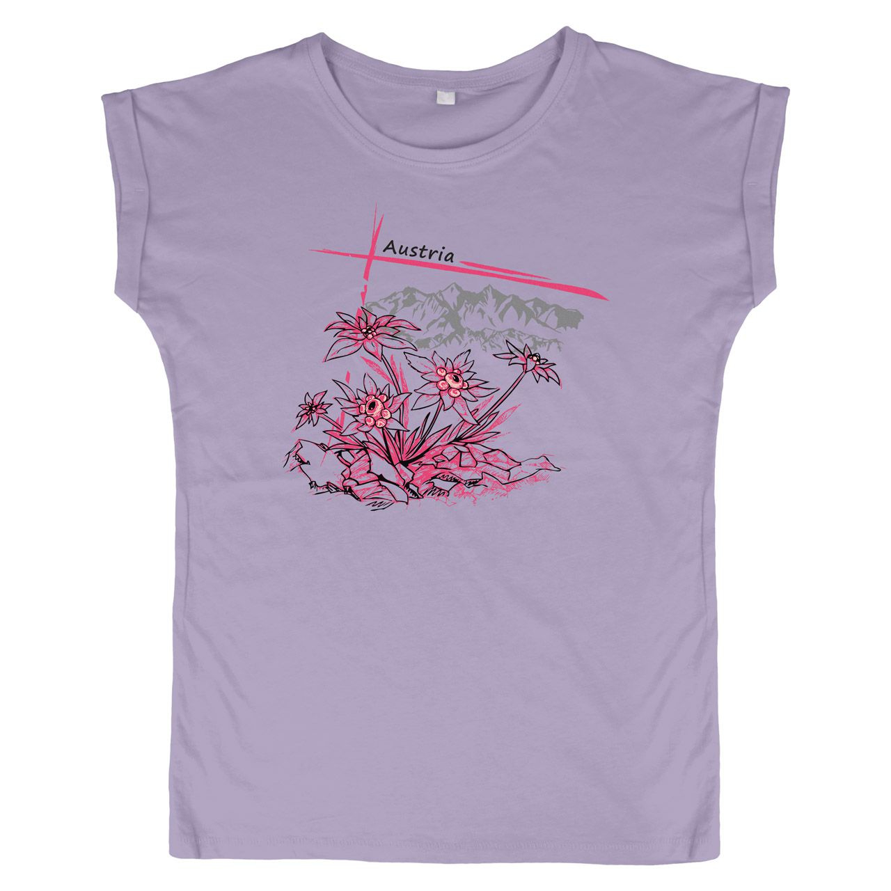 Pinkes Edelweiß mit Berge Austria Woman Weite Schulter T-Shirt flieder Small