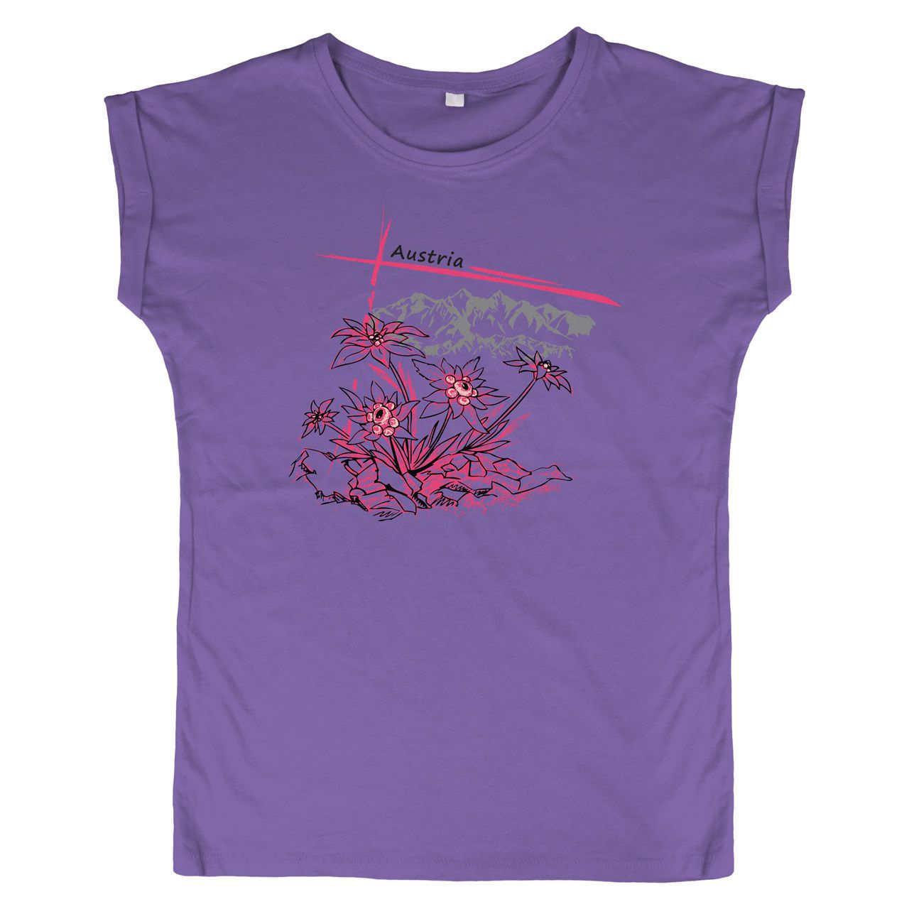 Pinkes Edelweiß mit Berge Austria Woman Weite Schulter T-Shirt lila Small