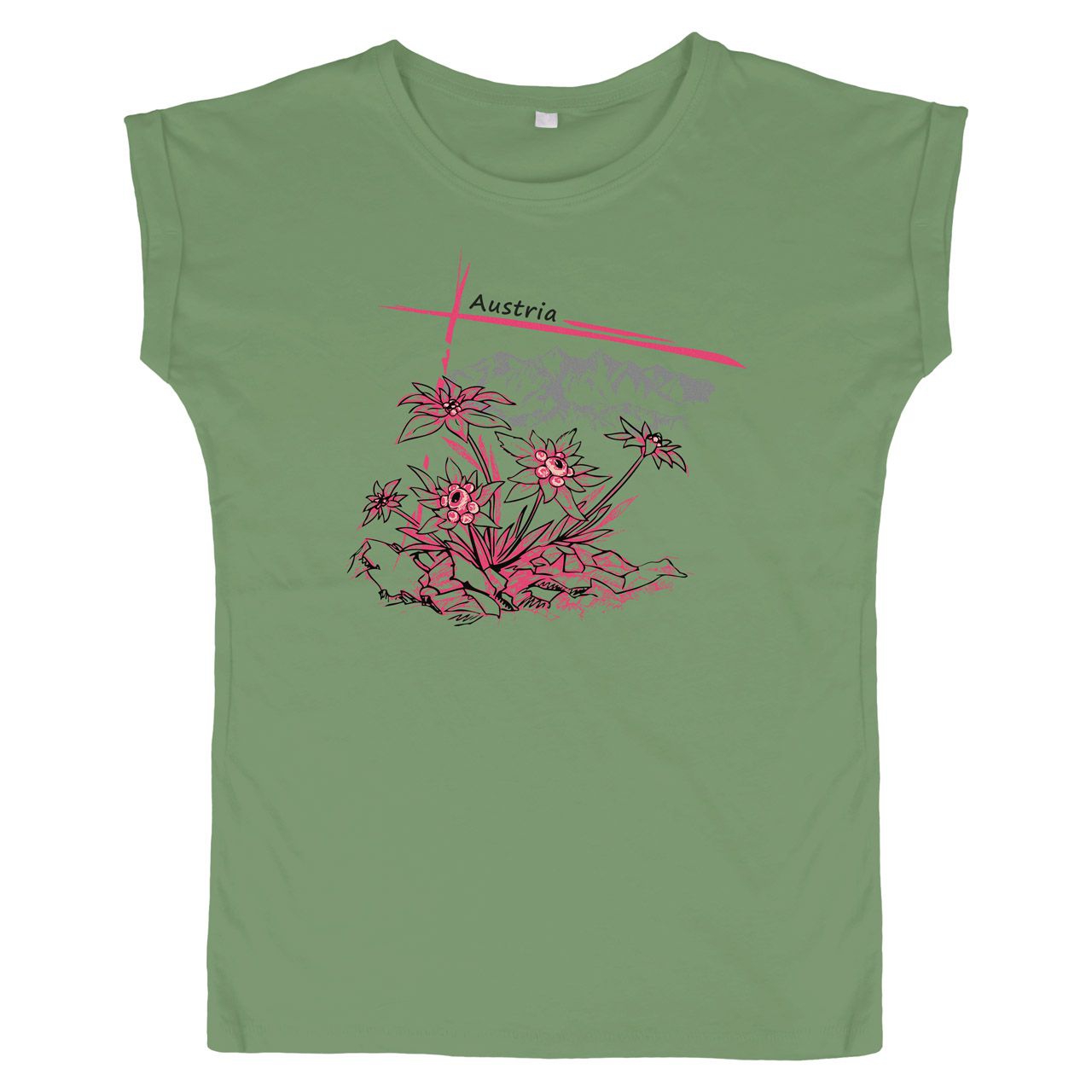 Pinkes Edelweiß mit Berge Austria Woman Weite Schulter T-Shirt salbeigrün Small