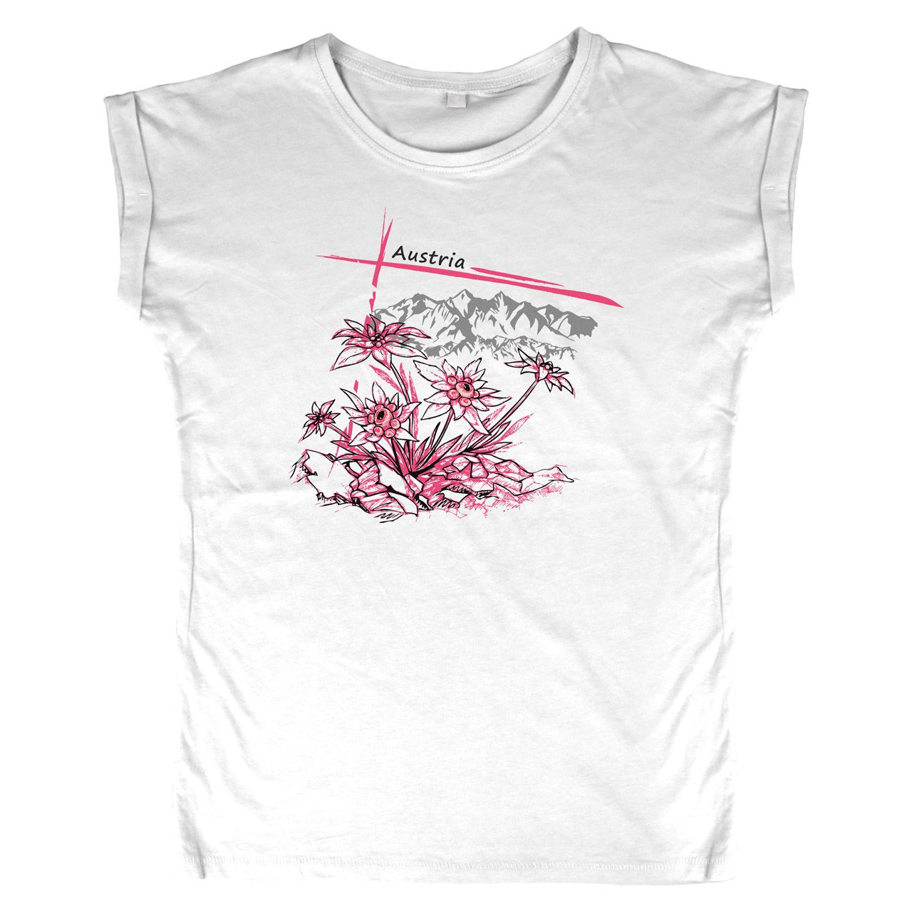 Pinkes Edelweiß mit Berge Austria Woman Weite Schulter T-Shirt weiß Small