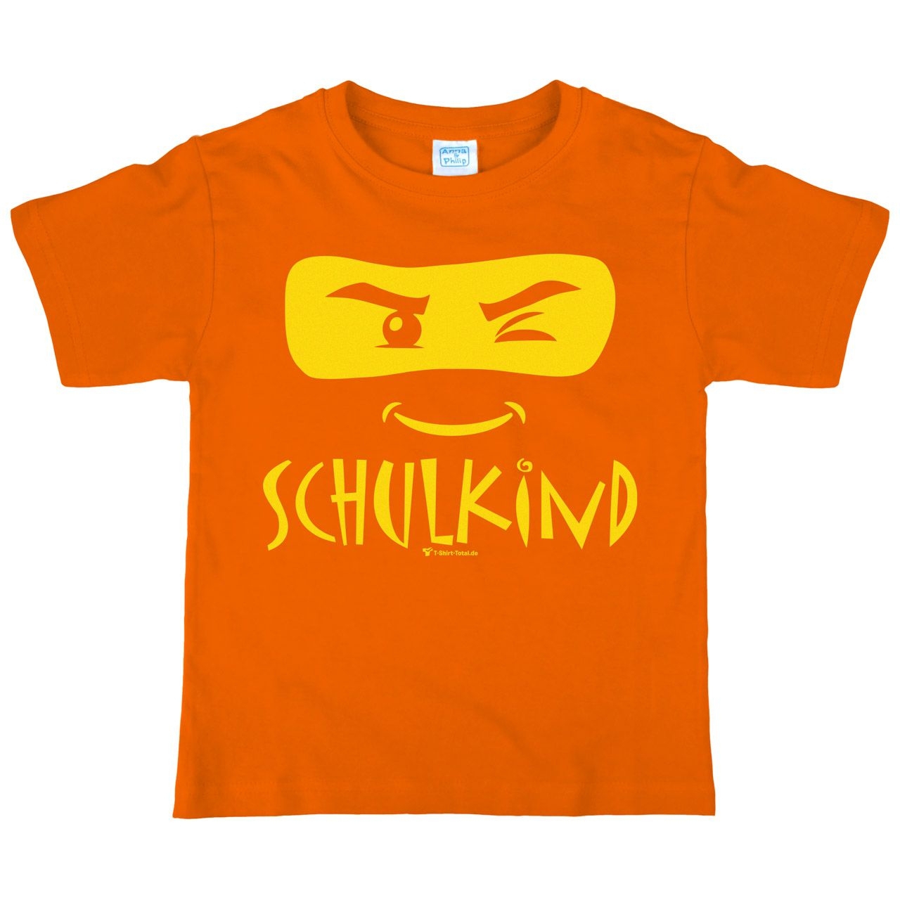 Schulkind Maske Kinder T-Shirt mit Name orange 122 / 128