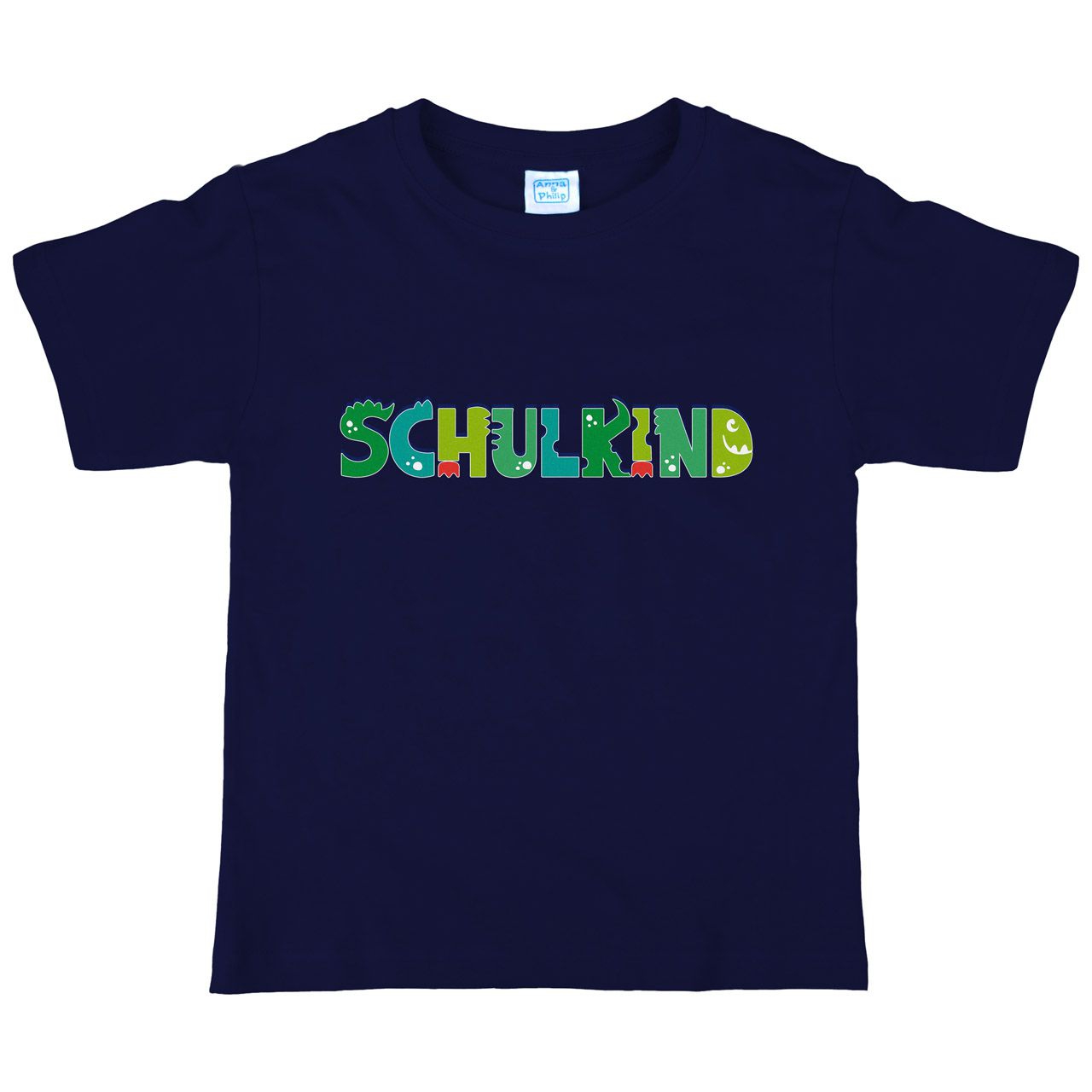 Schulkind Schrift als grünes Monster Kinder T-Shirt navy 122 / 128