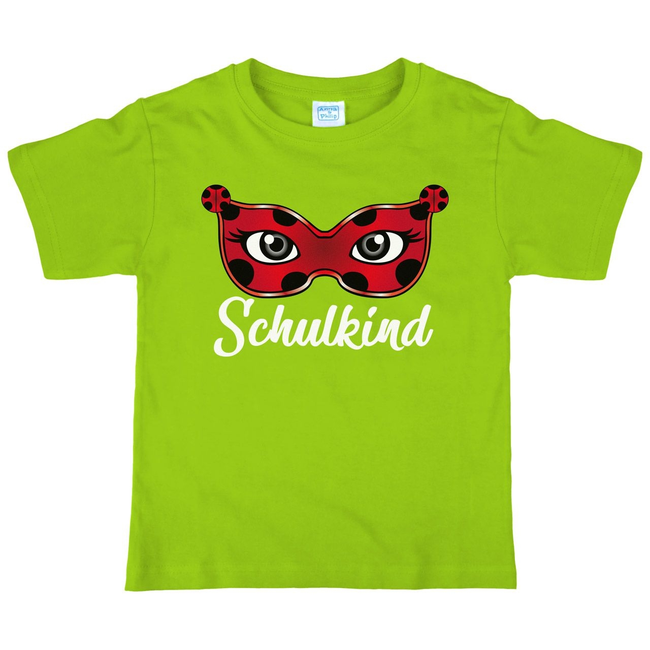 Schulkind Maske Marienkäfer Kinder T-Shirt mit Namen hellgrün 122 / 128