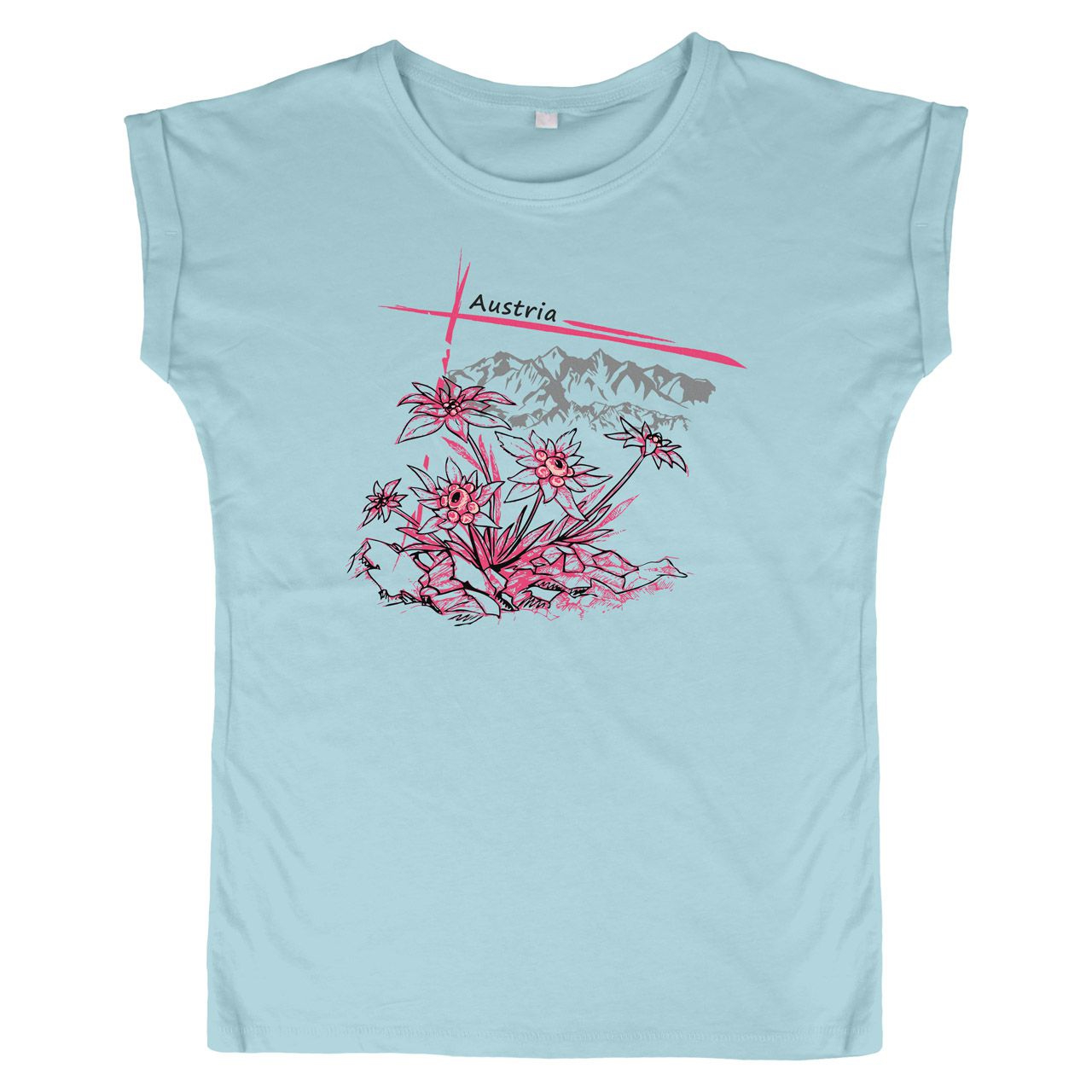 Pinkes Edelweiß mit Berge Austria Woman Weite Schulter T-Shirt hellblau Small
