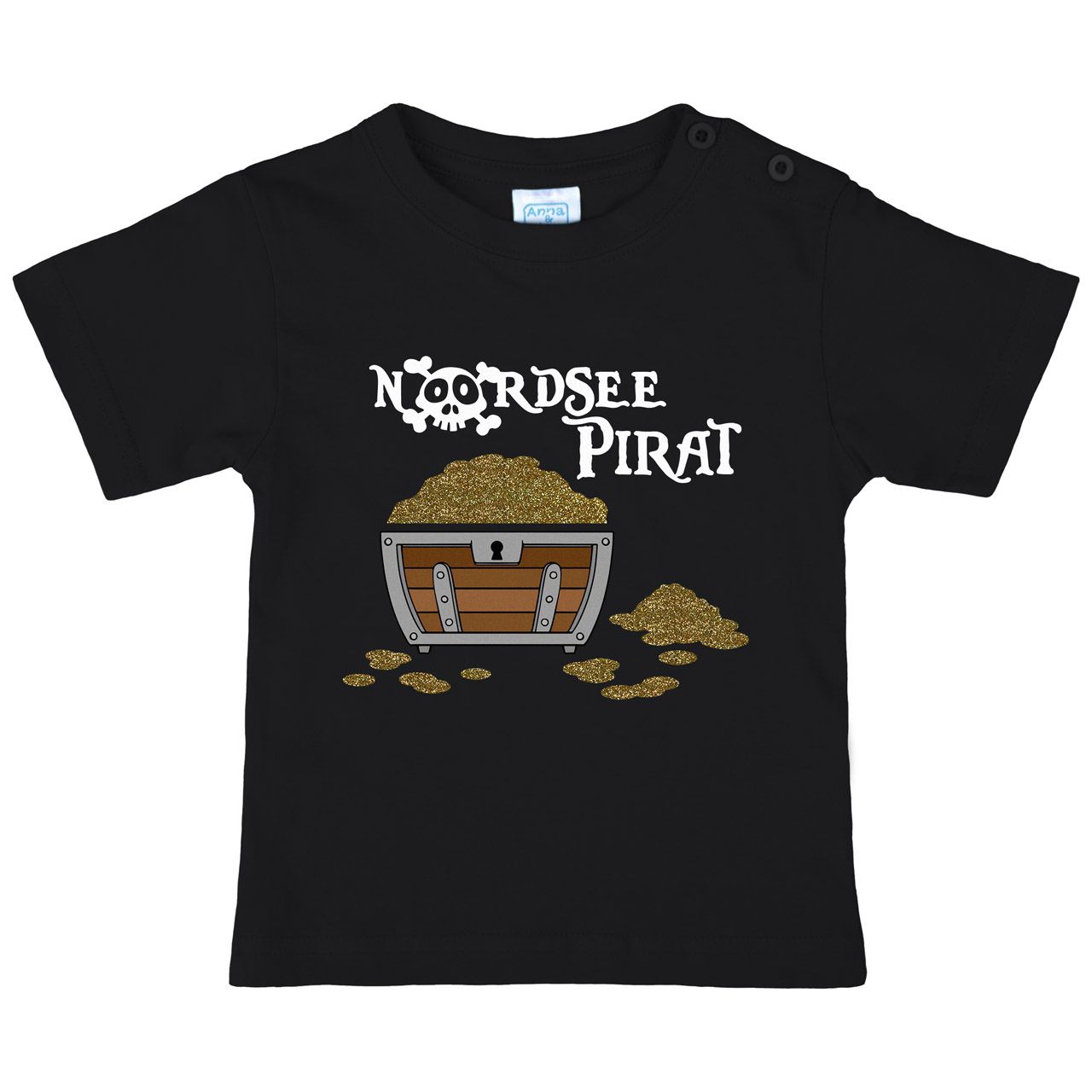 Nordsee Pirat Truhe Gold Glitzer Kinder T-Shirt schwarz 110 / 116