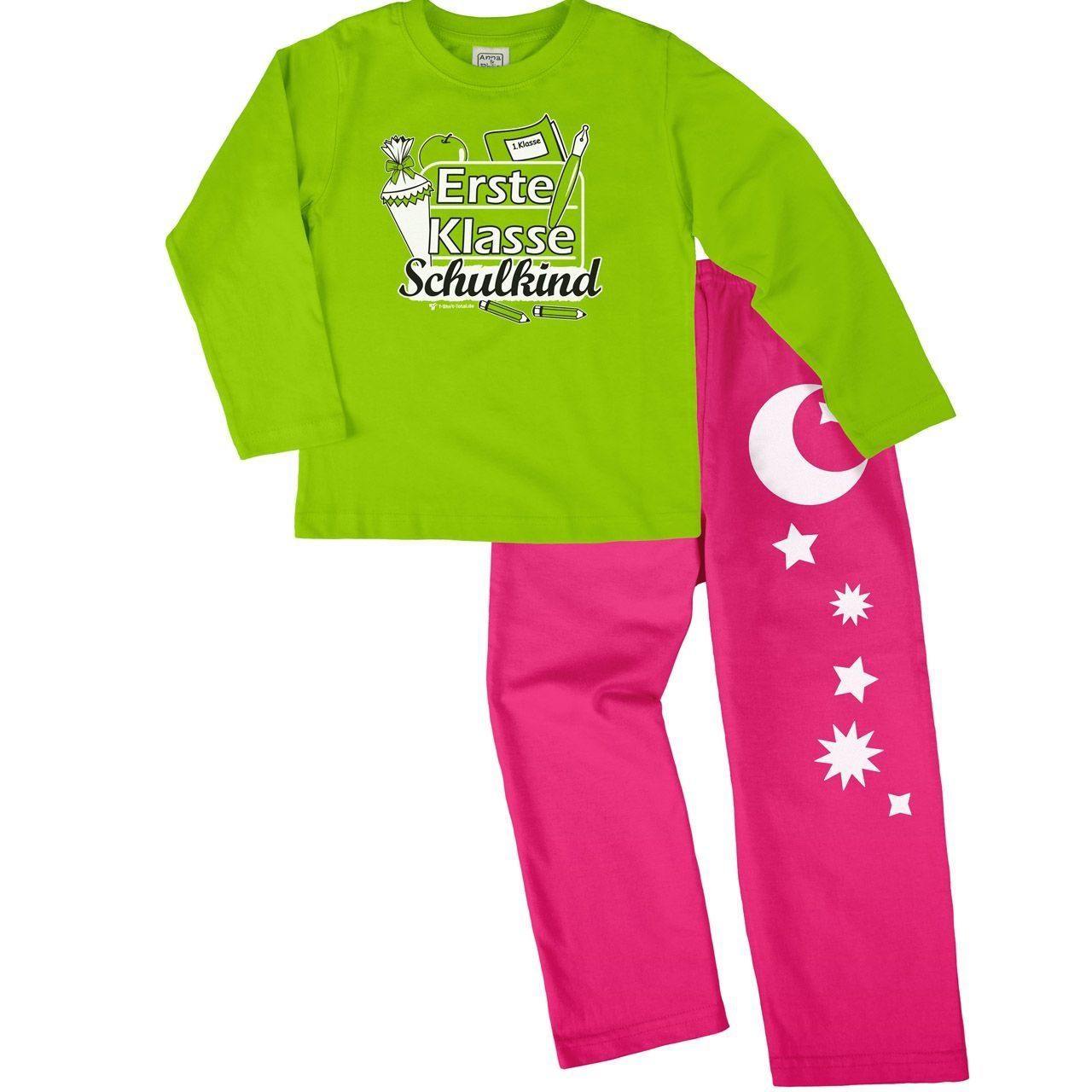 Erste Klasse Schulkind Pyjama Set hellgrün / pink 122 / 128