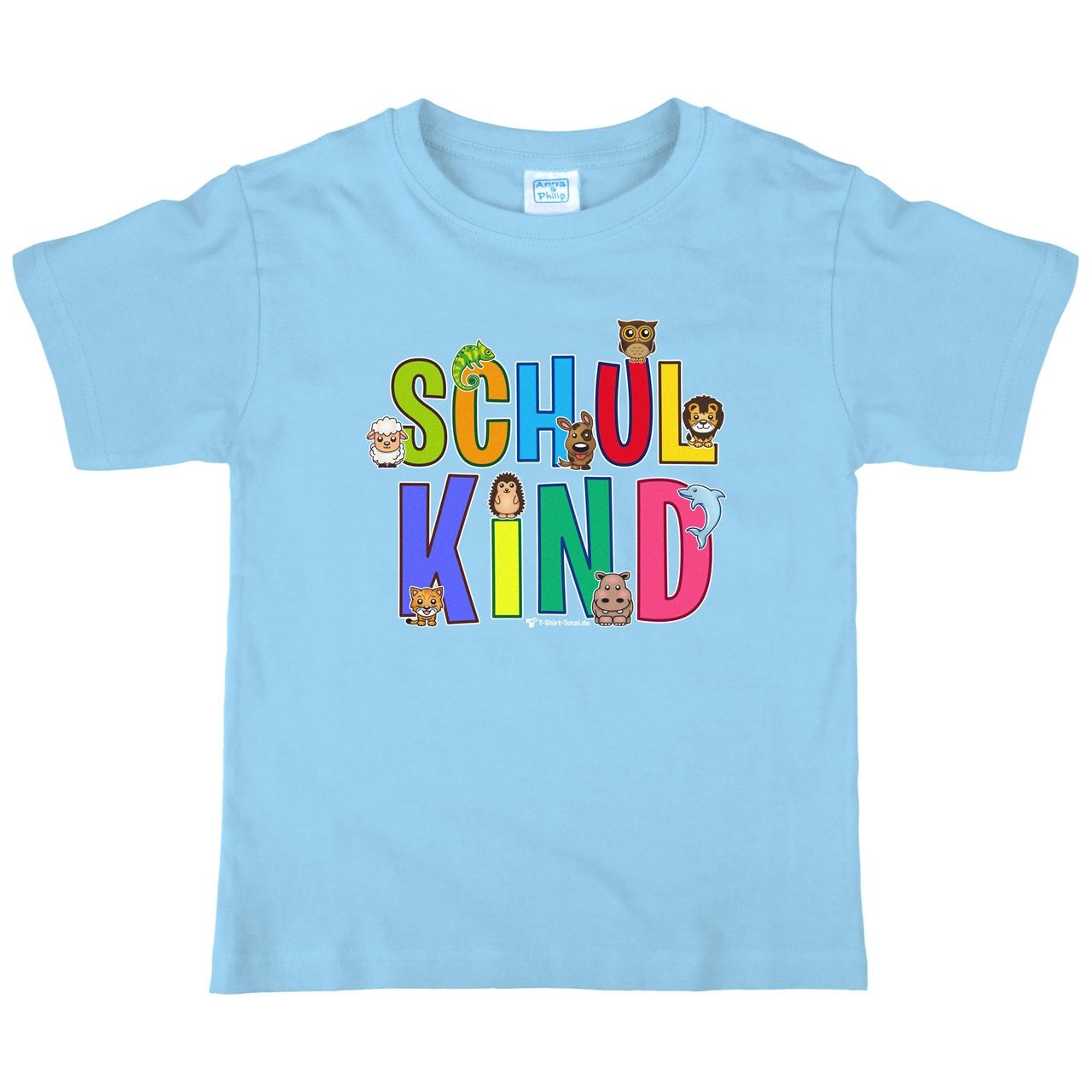 Schulkind Tiere Kinder T-Shirt mit Namen hellblau 122 / 128