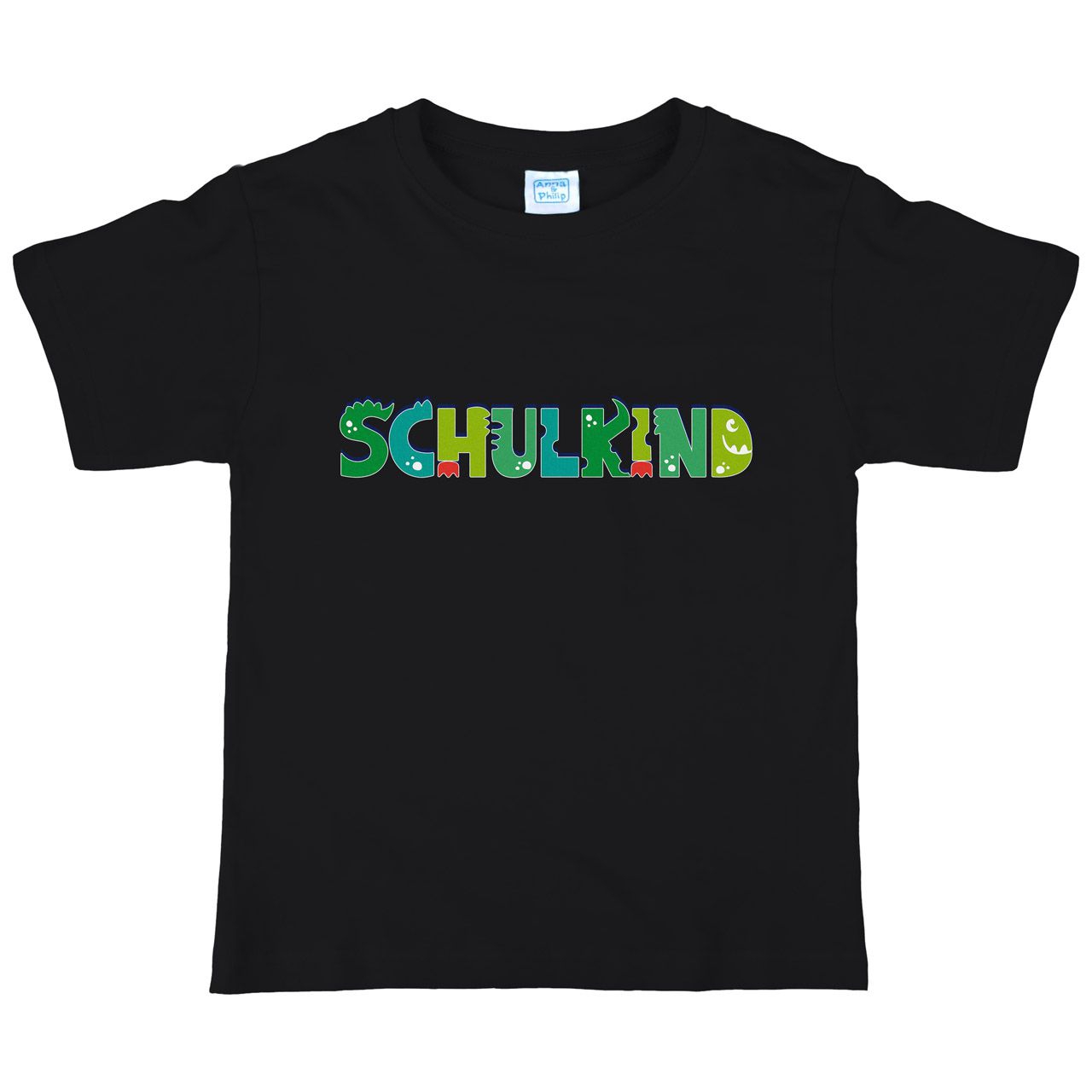 Schulkind Schrift als grünes Monster Kinder T-Shirt schwarz 122 / 128