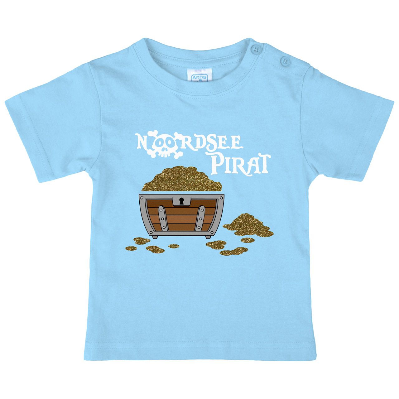 Nordsee Pirat Truhe Gold Glitzer Kinder T-Shirt hellblau 110 / 116