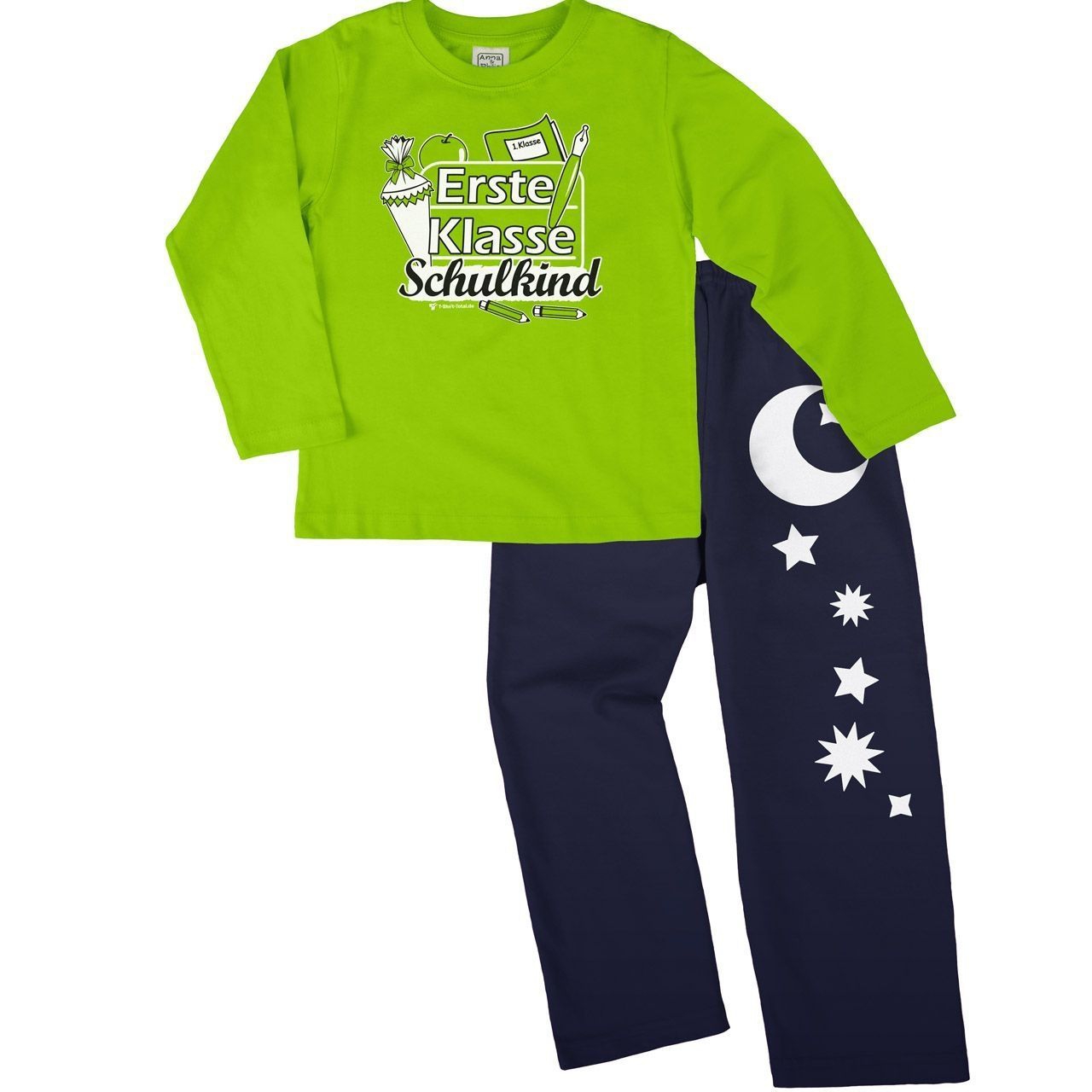 Erste Klasse Schulkind Pyjama Set hellgrün / navy 122 / 128
