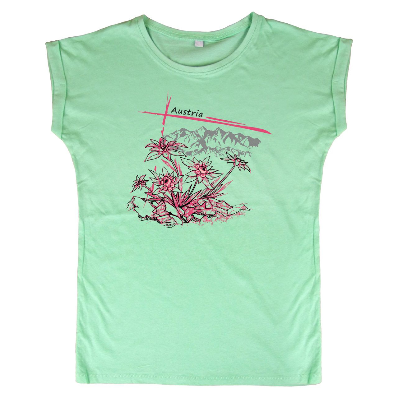 Pinkes Edelweiß mit Berge Austria Woman Weite Schulter T-Shirt mint Small