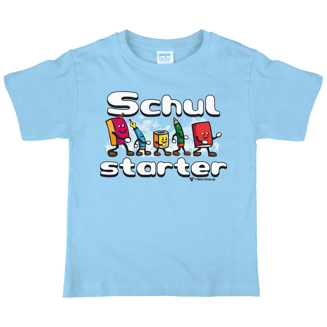 Schulstarter Stifte Kinder T-Shirt mit Name hellblau 122 / 128