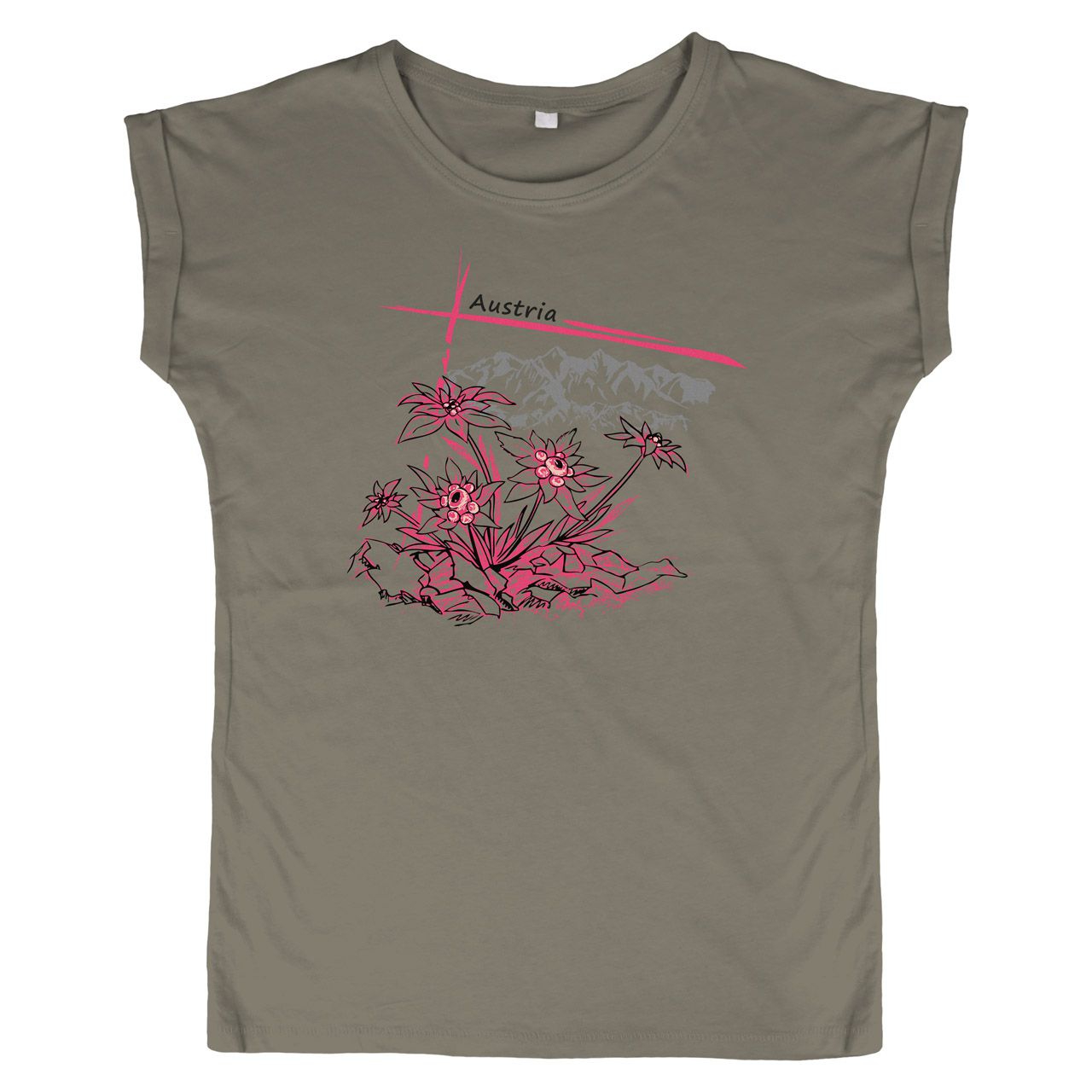 Pinkes Edelweiß mit Berge Austria Woman Weite Schulter T-Shirt khaki Small